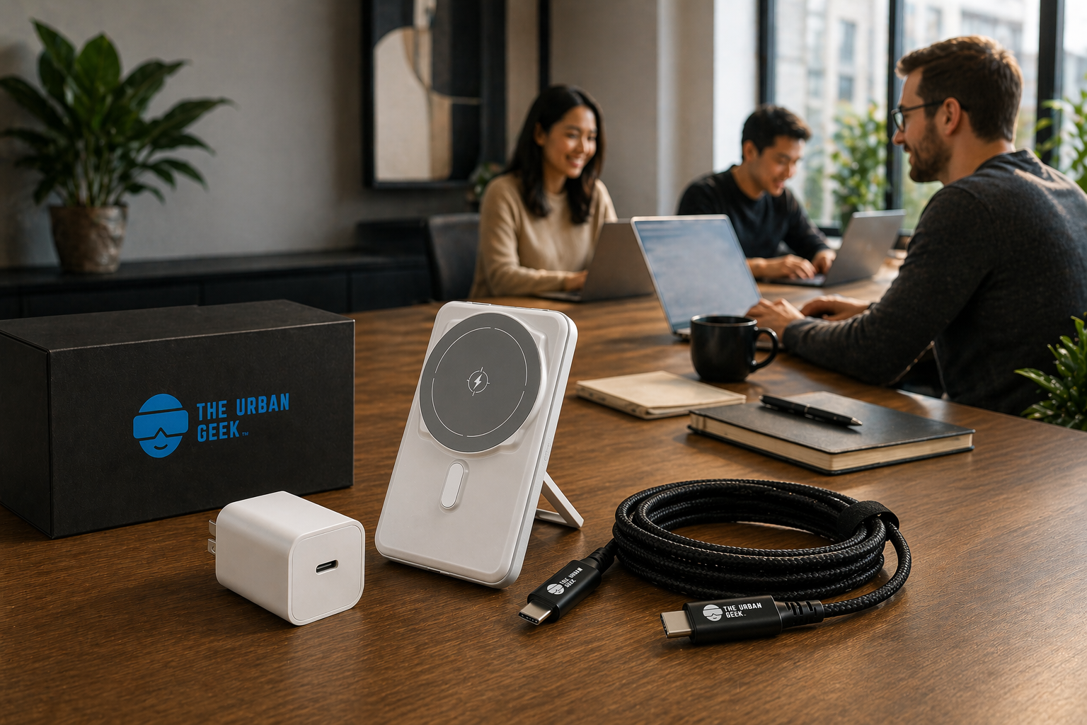 corporate tech gifts desk setup with wireless charging for employees