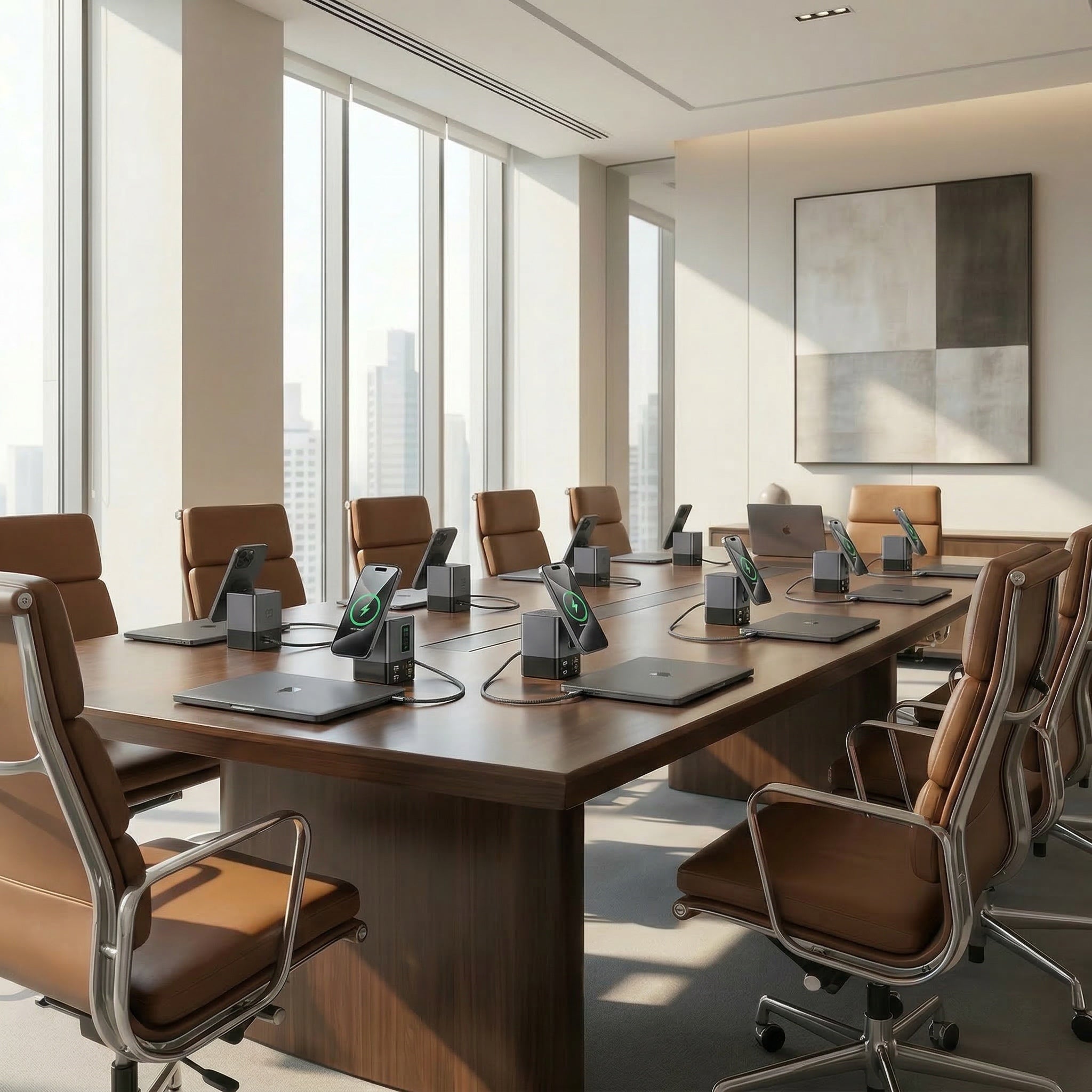 Multiple Urban Geek FlexHub charging stations powering phones and laptops around a modern conference table