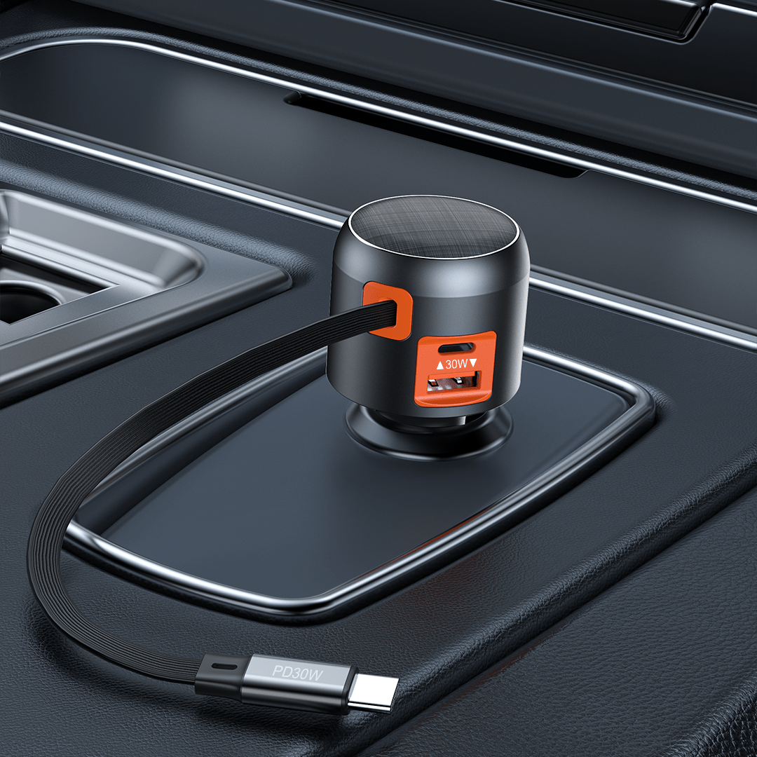 60W Fast Car Charger with Retractable Cable (USB - C + USB - A) - FlexDrive - TheUrbanGeek