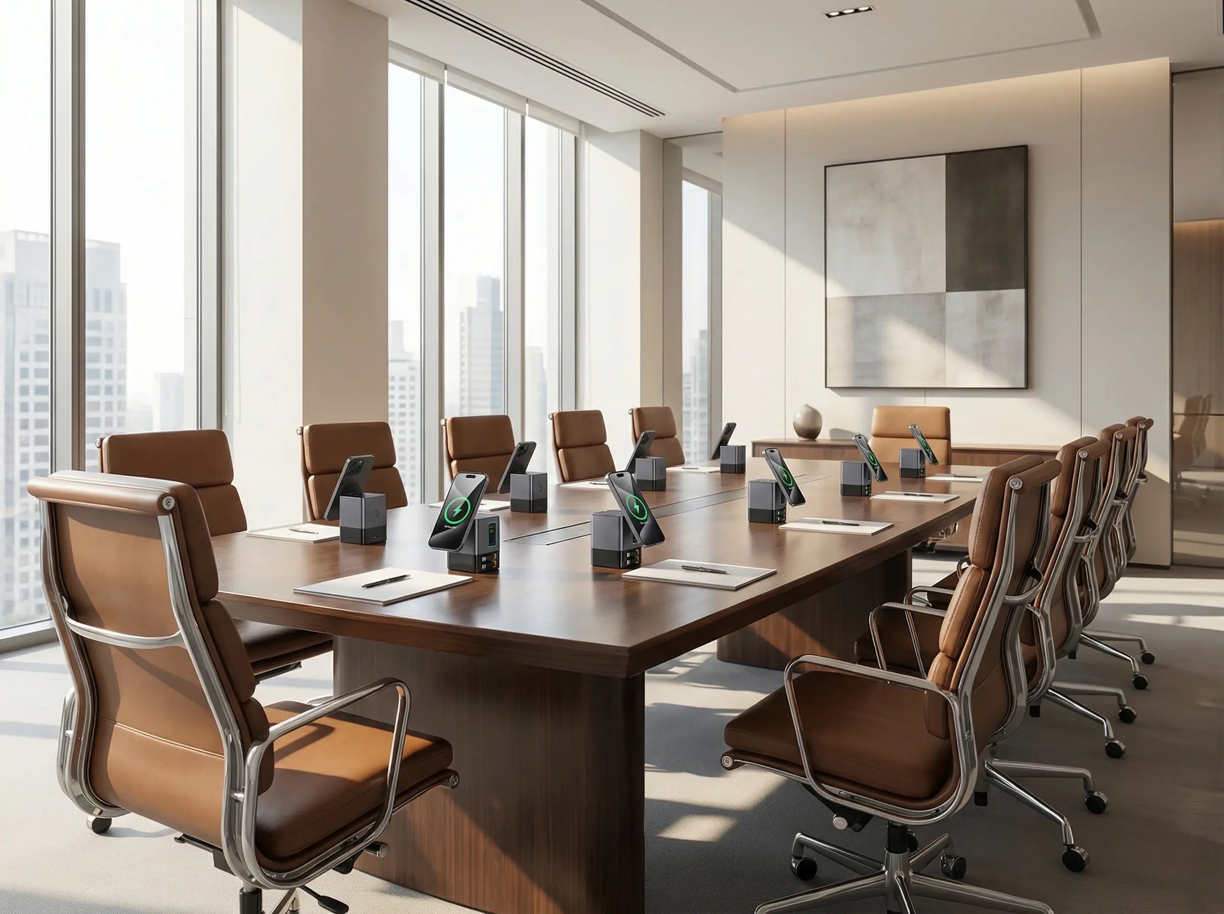 Modern conference room with wooden table and brown chairs near large windows with Flexhub 105W 6-in-1 Charging Station for uniform charging needs for corporate environments | The Urban Geek