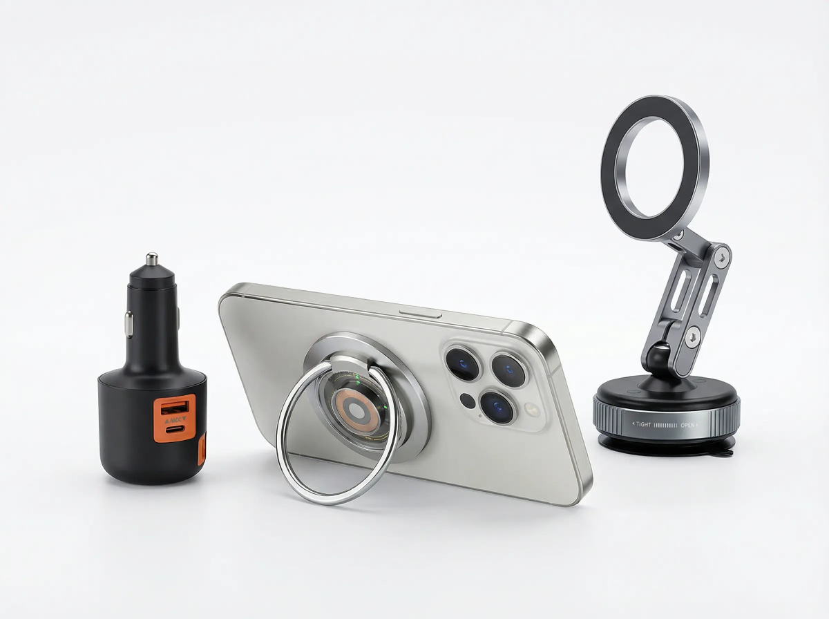 A car charging kit with a car charger, magnetic phone mount, and wireless charger for hands-free driving.