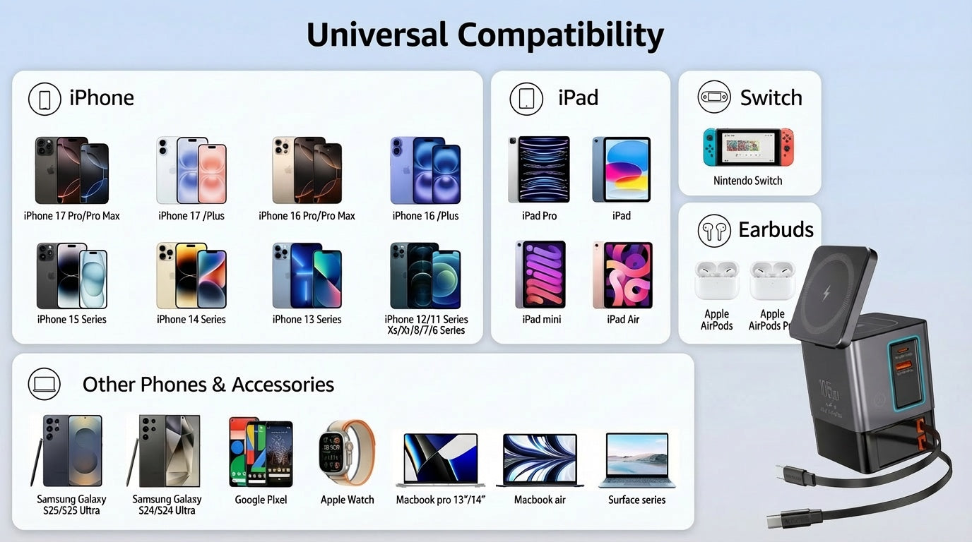 Diagram showing universal compatibility of a charging station with various electronic devices.