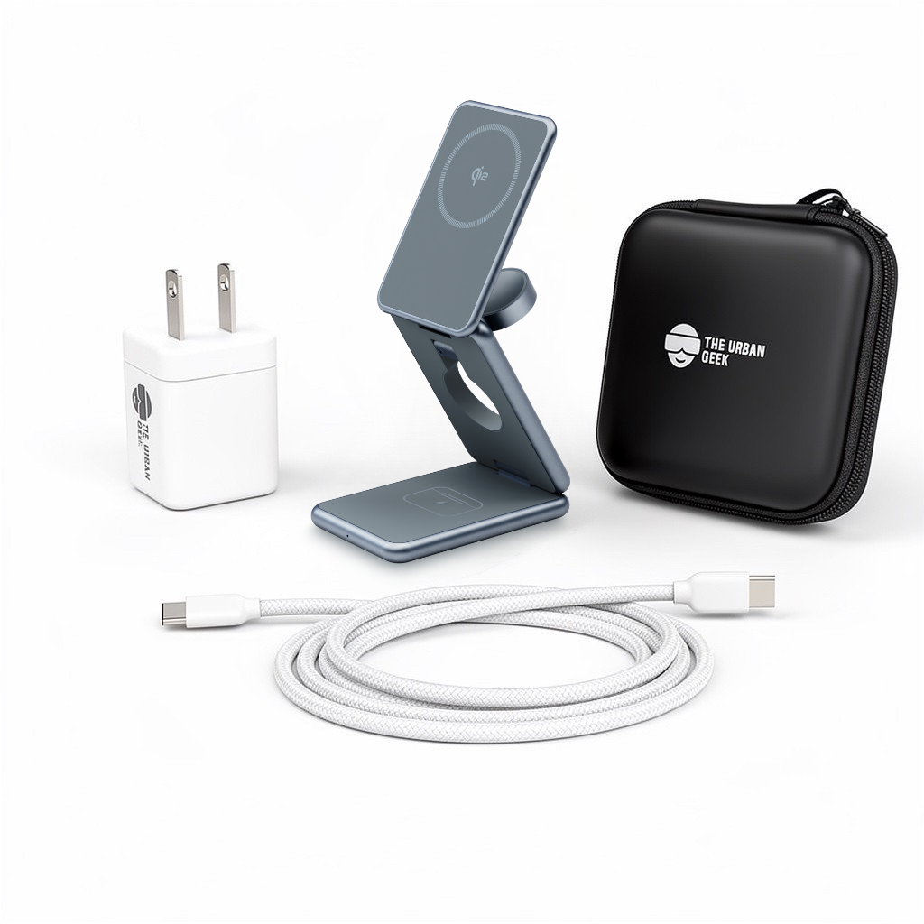 Gray - FlexCube Slim Qi2 3-in-1 Wireless Charger for Samsung Galaxy on charging stand on a white background