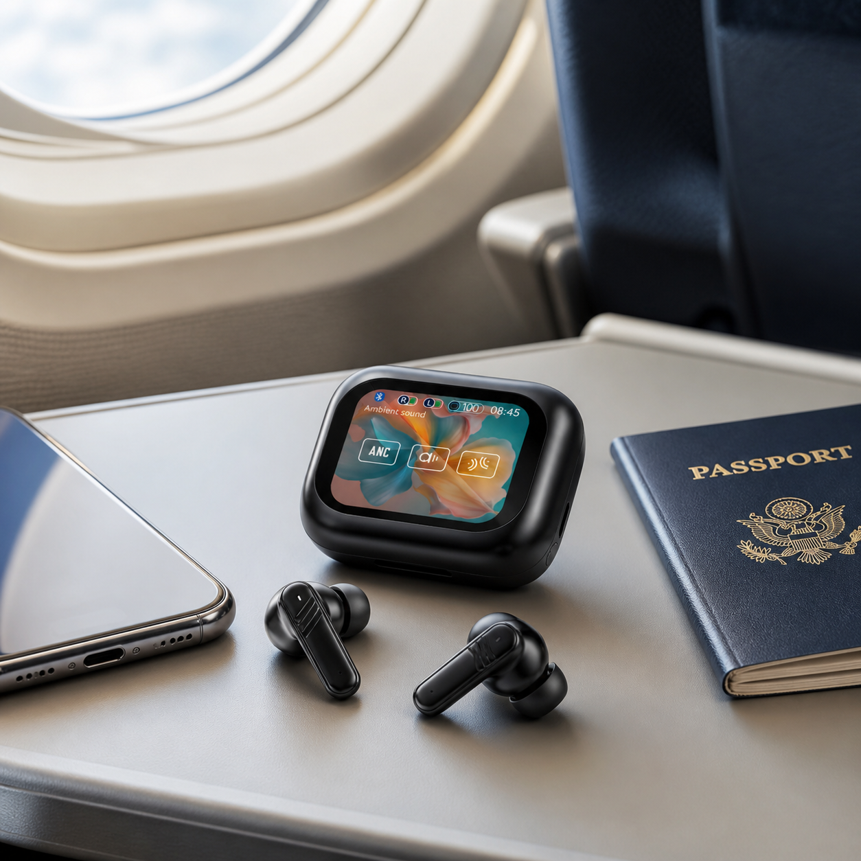 Wireless earbuds with a charging case on an airplane tray table next to a smartphone and passport.