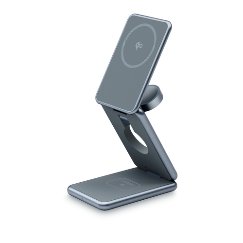 Gray - FlexCube Slim Qi2 3-in-1 Wireless Charger for Samsung Galaxy on charging stand on a white background
