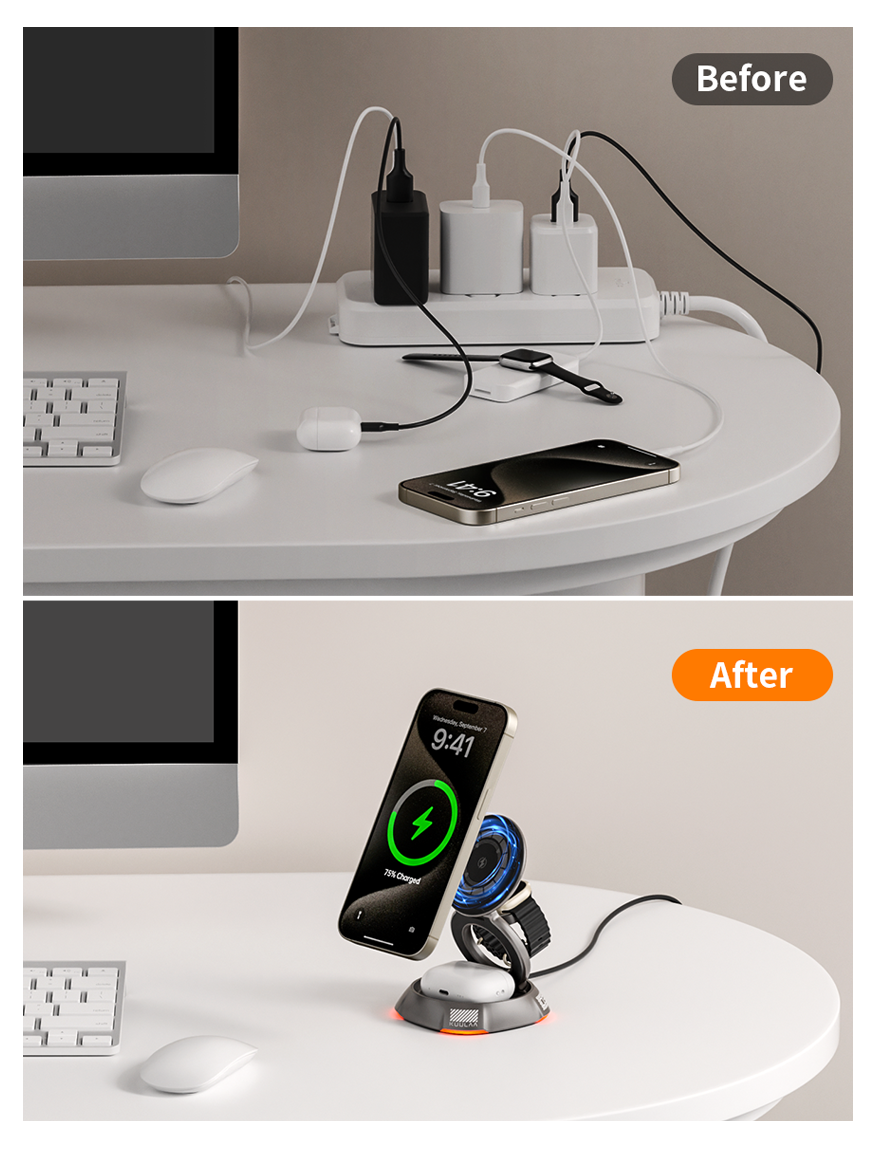 Comparison of a cluttered desk with multiple devices and a clean desk with a wireless charging stand.