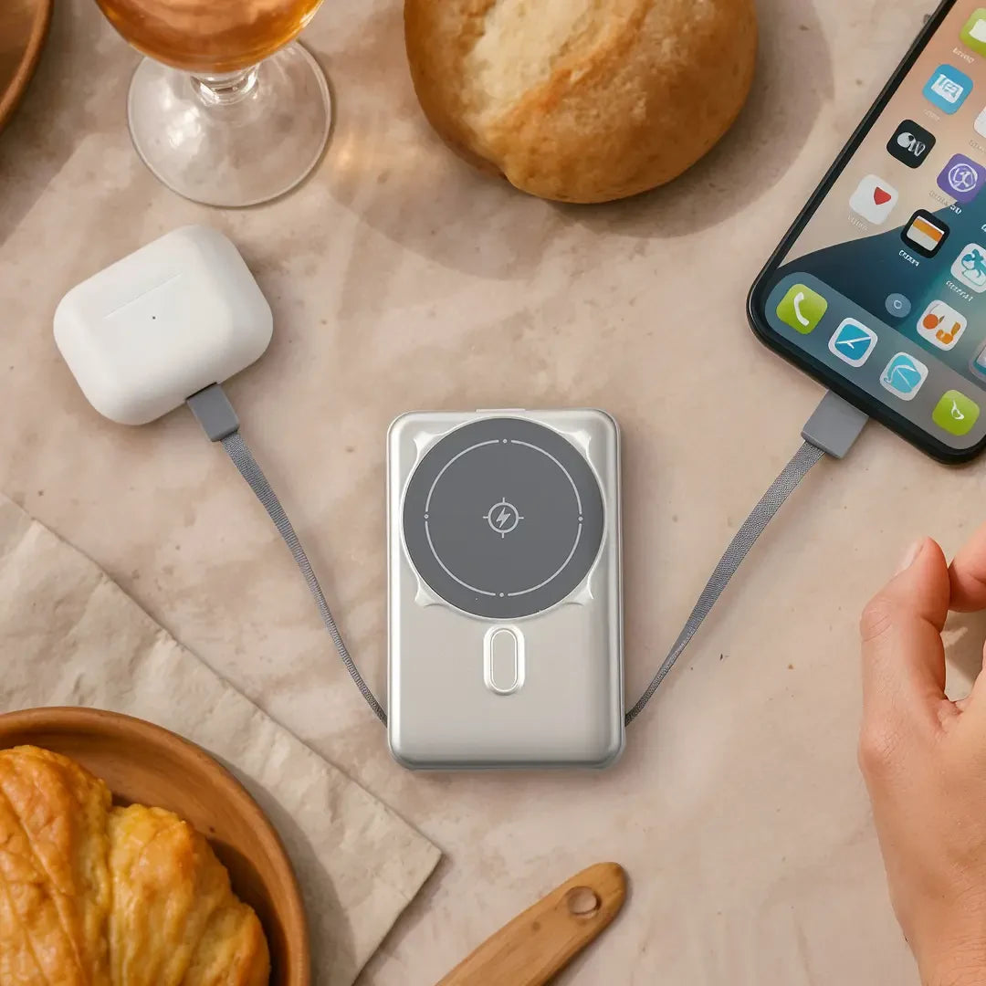 Magnetic Powerbank attached to AirPods and iPhone using the attached wires.