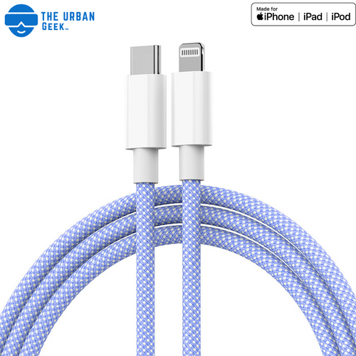 Blue braided cable with white connectors, branded 'The Urban Geek', for Apple devices on a white background.