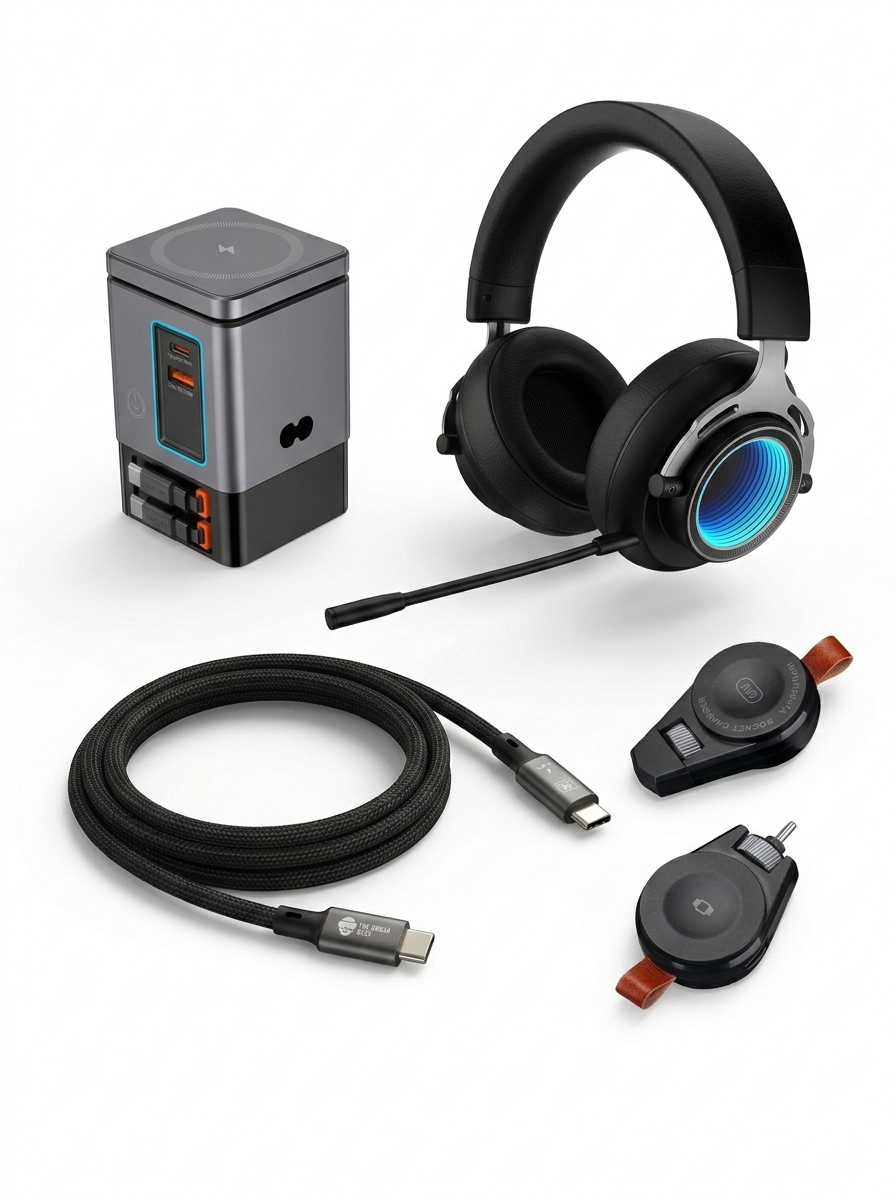 Remote Work Home Essentials Bundle - Wireless Charging Station, Wireless Headset, Silver 8K 240W Cable, Watch Charger