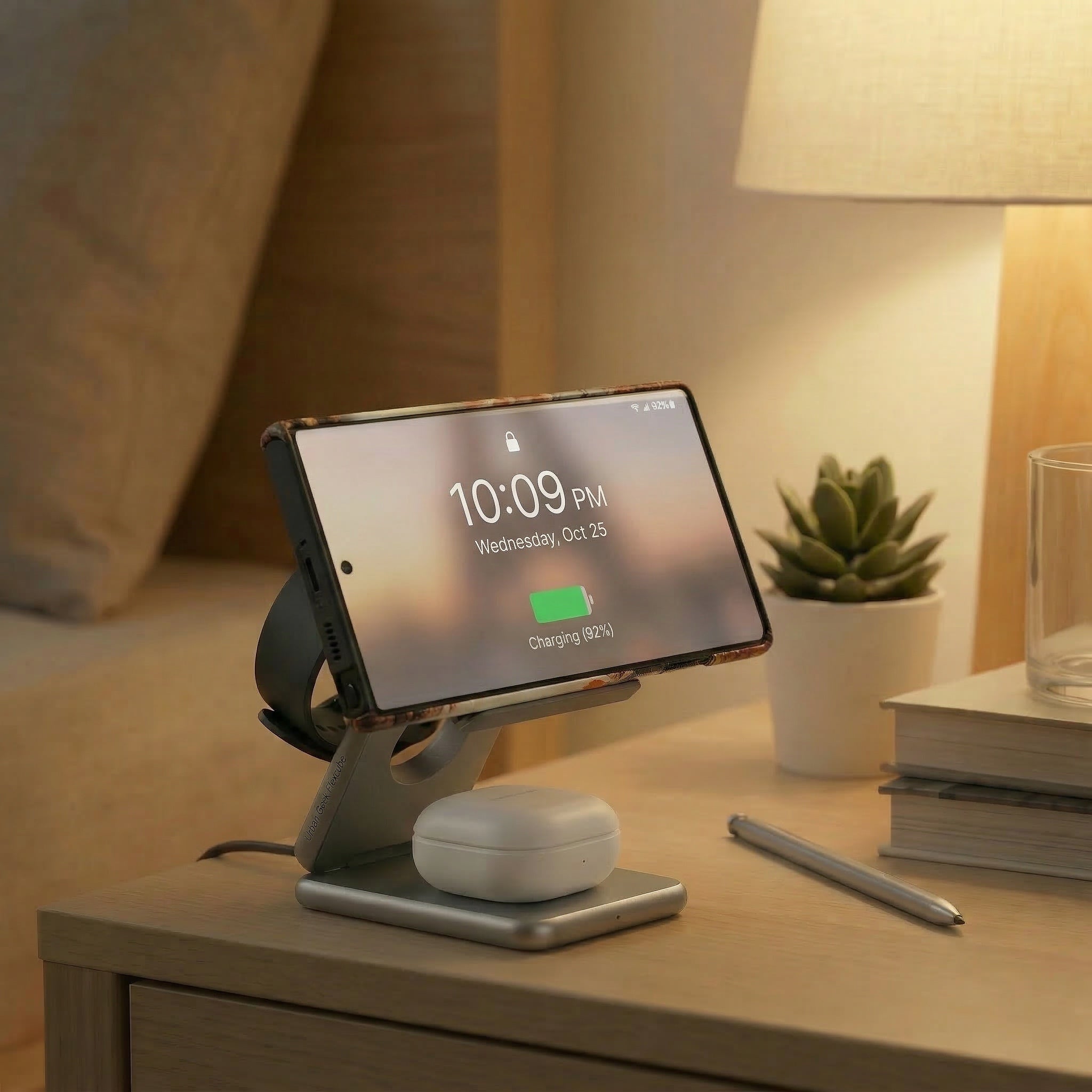 Samsung s25 Ultra Phone, Samsung watch and Samsung earbuds on a FlexCube Slim 3-in-1 magnetic wireless charger on a nightstand, displaying time and battery status.
