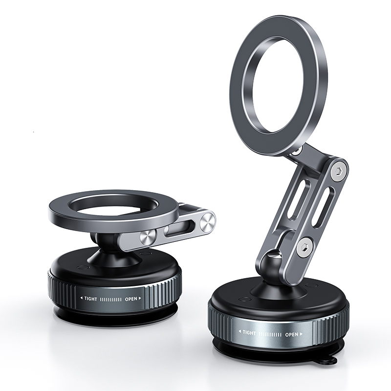 Two metal ring suction car mount stands on a white background shown as completely folded and complete open