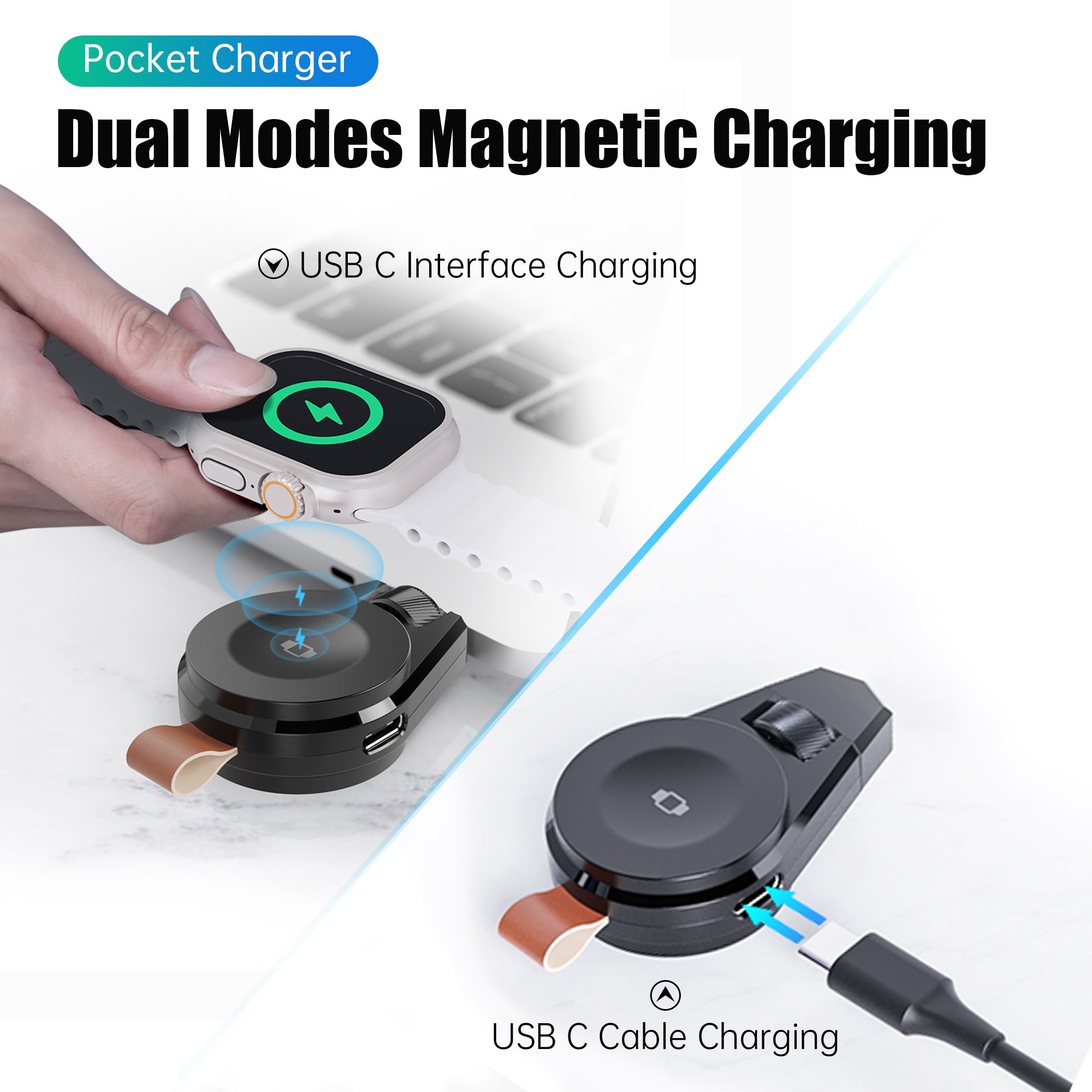 Pocket watch charging module charger with dual modes magnetic charging and USB C interface, shown with a hand and laptop in the background.