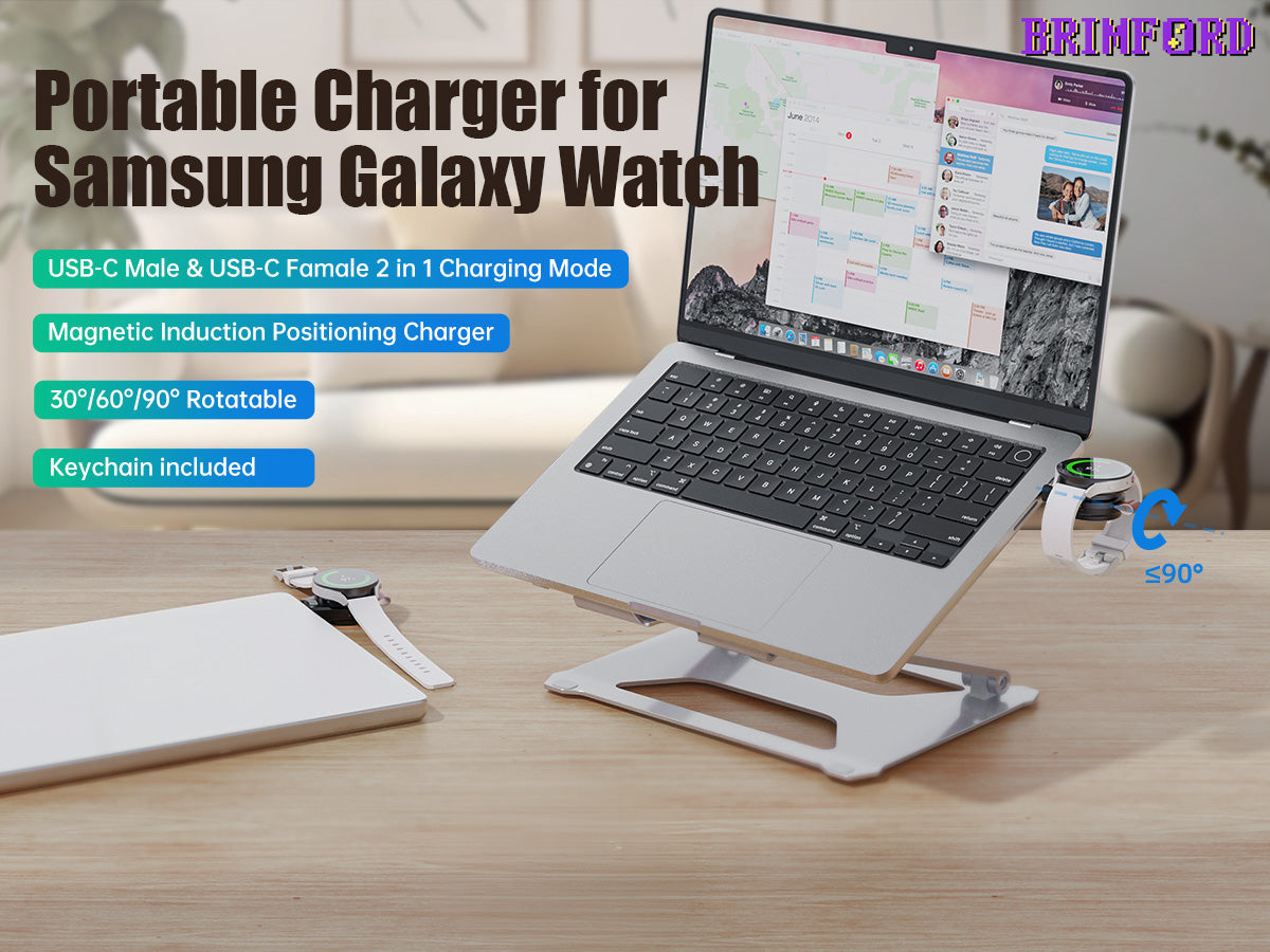 Laptop with a stand on a desk, displaying a product advertisement for a portable charger for Samsung Galaxy Watch.