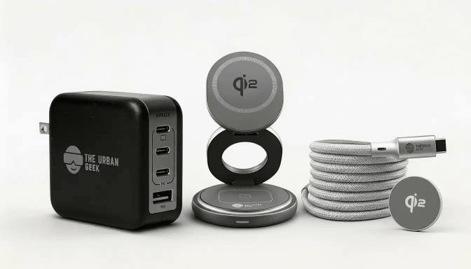 Gray FlexOrb Qi2 3-in-1 Swivel Charger, Silver 240W, 8K Data Display and Fast Charge Cable, White Multiport GaN 100W Adapter