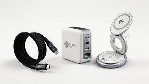 White FlexOrb Qi2 3-in-1 Swivel Charger, Black 240W, 8K Data Display and Fast Charge Cable, White Multiport GaN 100W Adapter