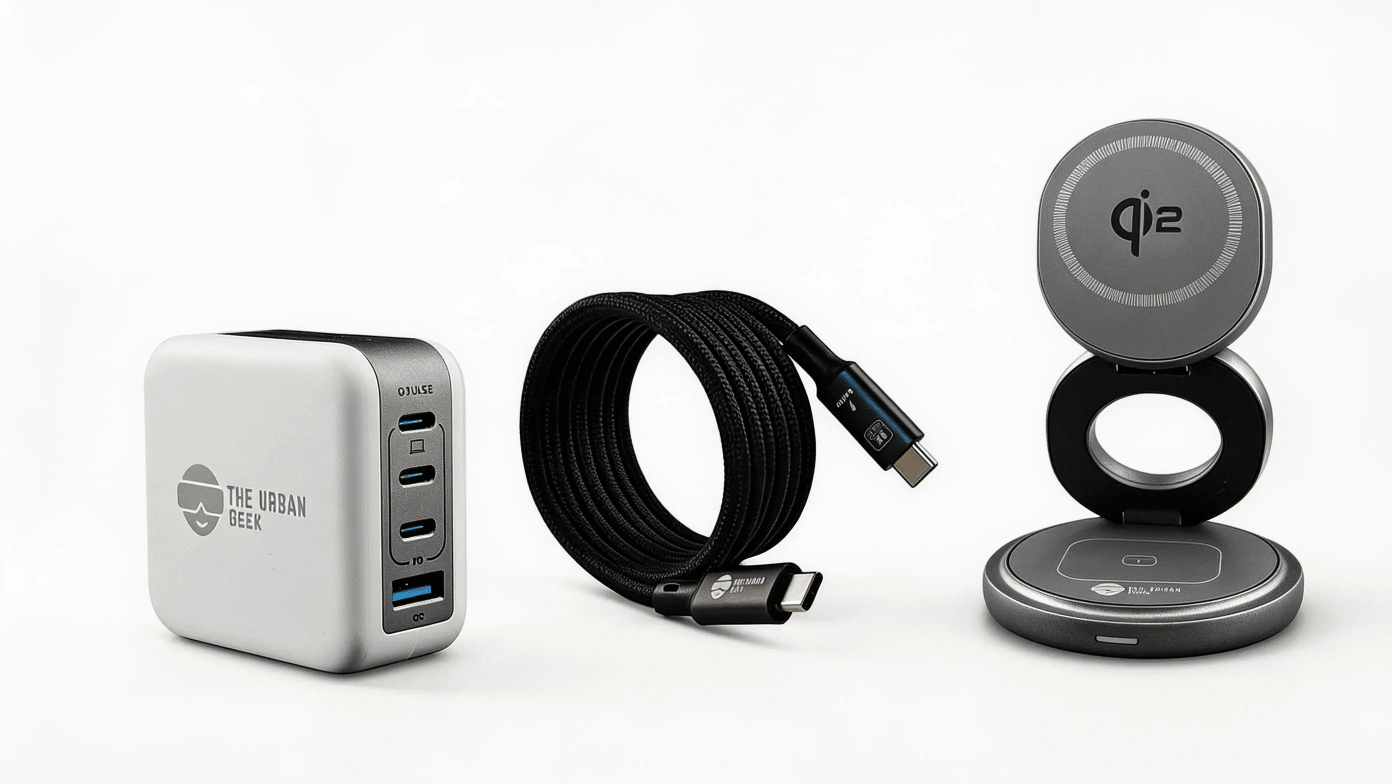 Gray FlexOrb Qi2 3-in-1 Swivel Charger, Black 240W, 8K Data Display and Fast Charge Cable, White Multiport GaN 100W Adapter