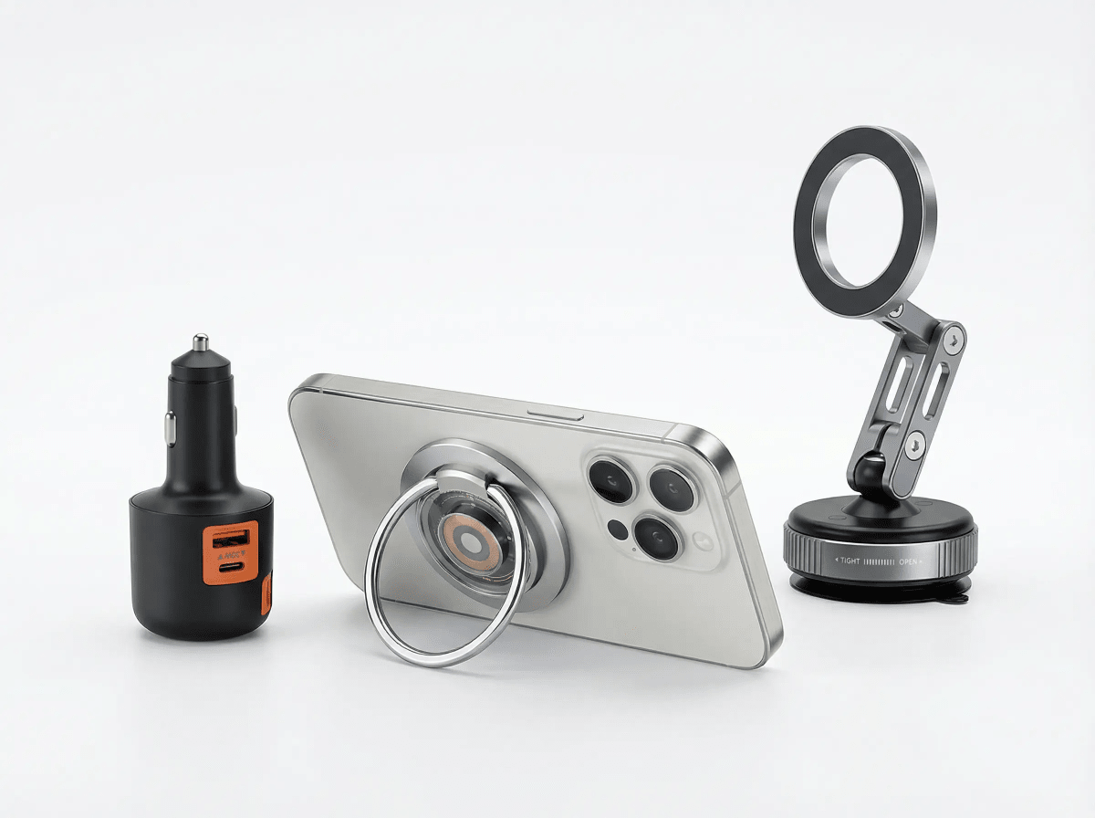 A car charging kit with a car charger, magnetic phone mount, and wireless charger for hands-free driving.