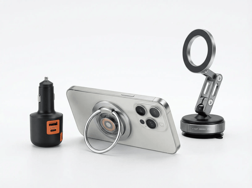 A car charging kit with a car charger, magnetic phone mount, and wireless charger for hands-free driving.