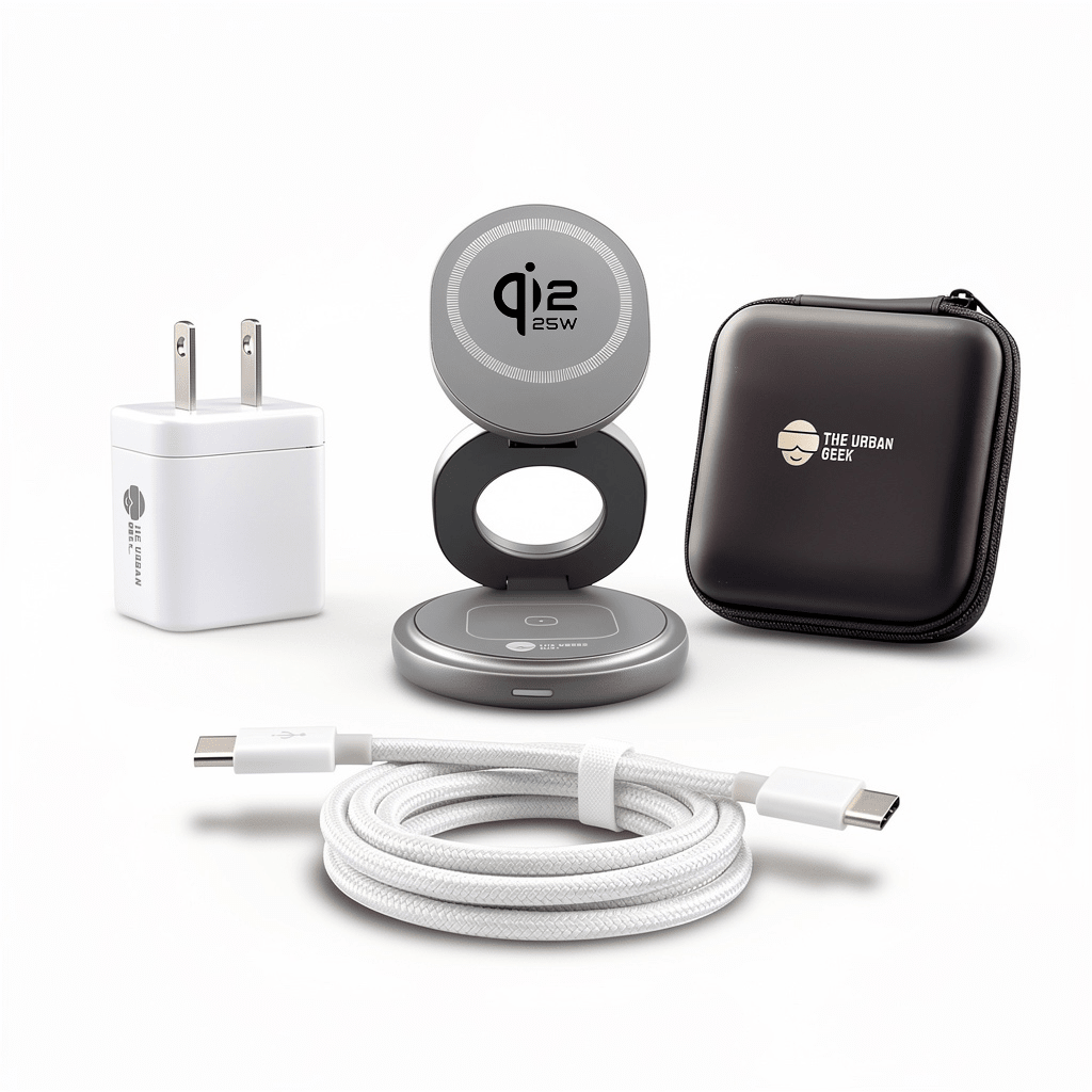 FlexOrb Qi2 Swivel 3-in-1 Wireless Charger, 30W Adapter, USB-C Cable, Travel Pouch