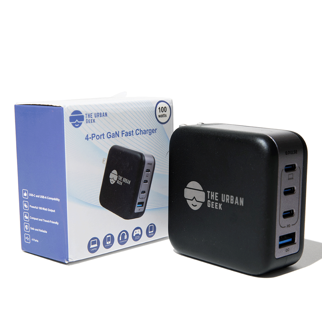 The Urban Geek black PowerPort 100 100W 4-Port USB fast adapter- 3 USB-C ports and 1 USB-A Port