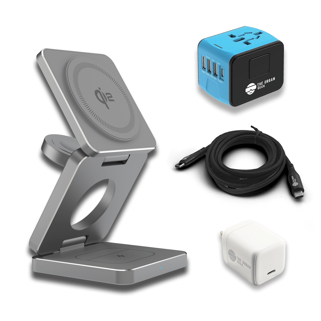 FlexCube 3-in-1 Wireless Travel Charger for iPhone, AirPods and iWatch (Gray), Blue Universal Adapter, 30W Adapter, black 100W USB-C Data and Charging Cable