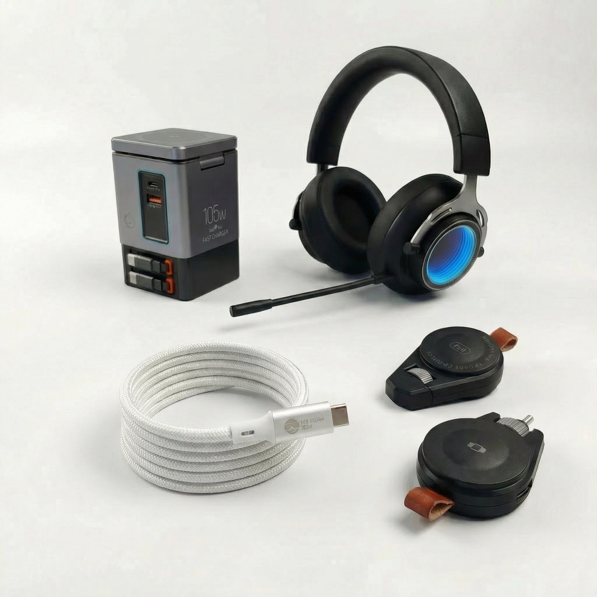 Remote Work Home Essentials Bundle - Wireless Charging Station, Wireless Headset, Silver 8K 240W Cable, Watch Charger