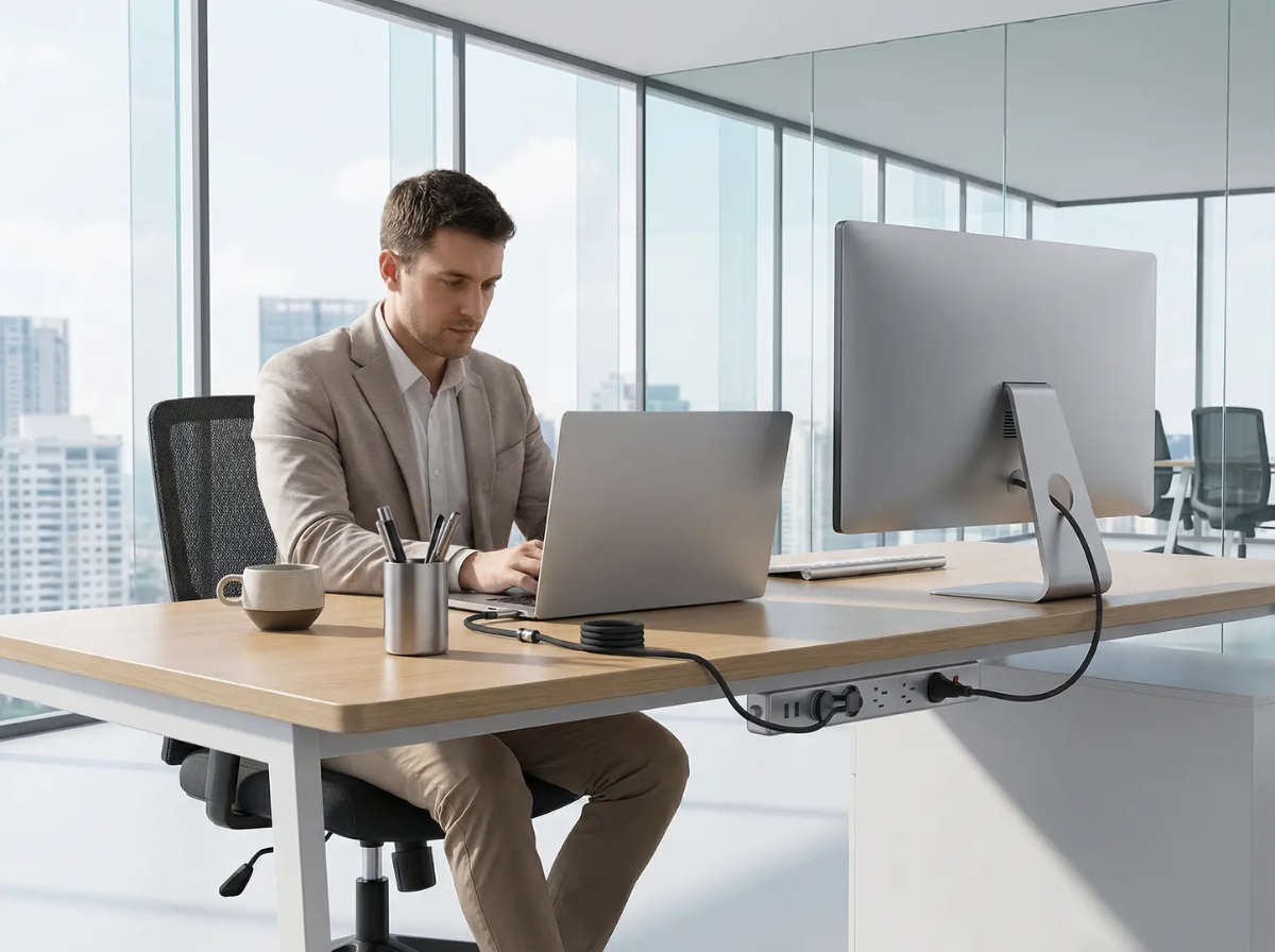 Busy working professional sitting on a desk 