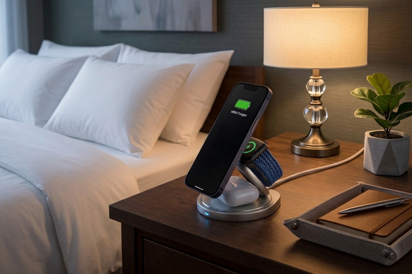 FlexOrb Qi2.2 certified wireless charger safely charging iPhone overnight on dark wood nightstand with battery health protected