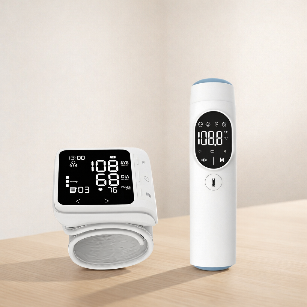 Home Health Monitoring Gadgets like wrist blood pressure monitor and infrared thermometer placed on a bamboo desk.