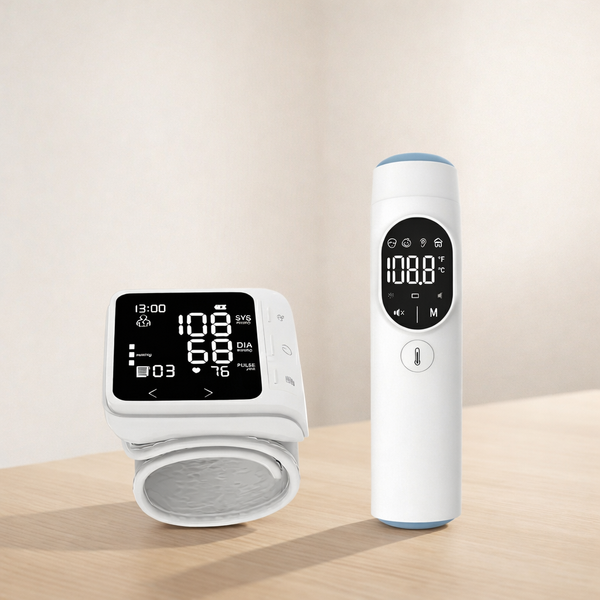 Home Health Monitoring Gadgets like wrist blood pressure monitor and infrared thermometer placed on a bamboo desk.