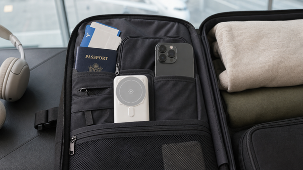 PowerGo 10000mAh power bank packed in carry-on luggage for air travel
