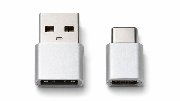 USB-A vs USB-C connectors side by side — the flat rectangular USB-A port on the left and the smaller oval USB-C port on the right
