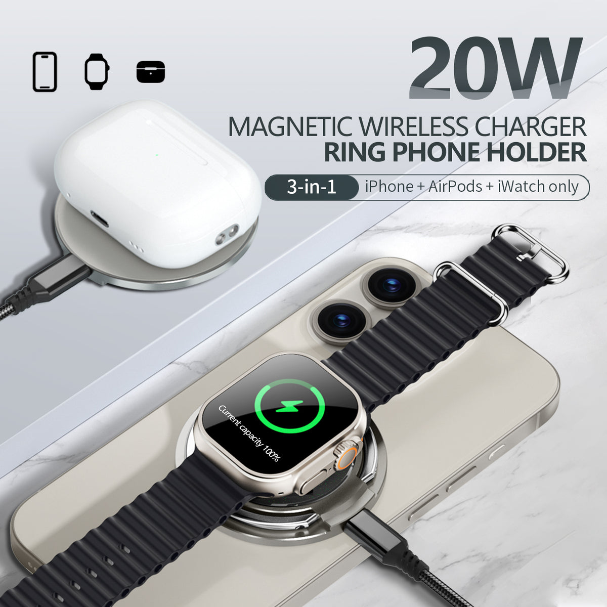 3-in-1 Magnetic Ring Stand Wireless Charger charging a smartphone, smartwatch, and earbuds at the same time on a desk
