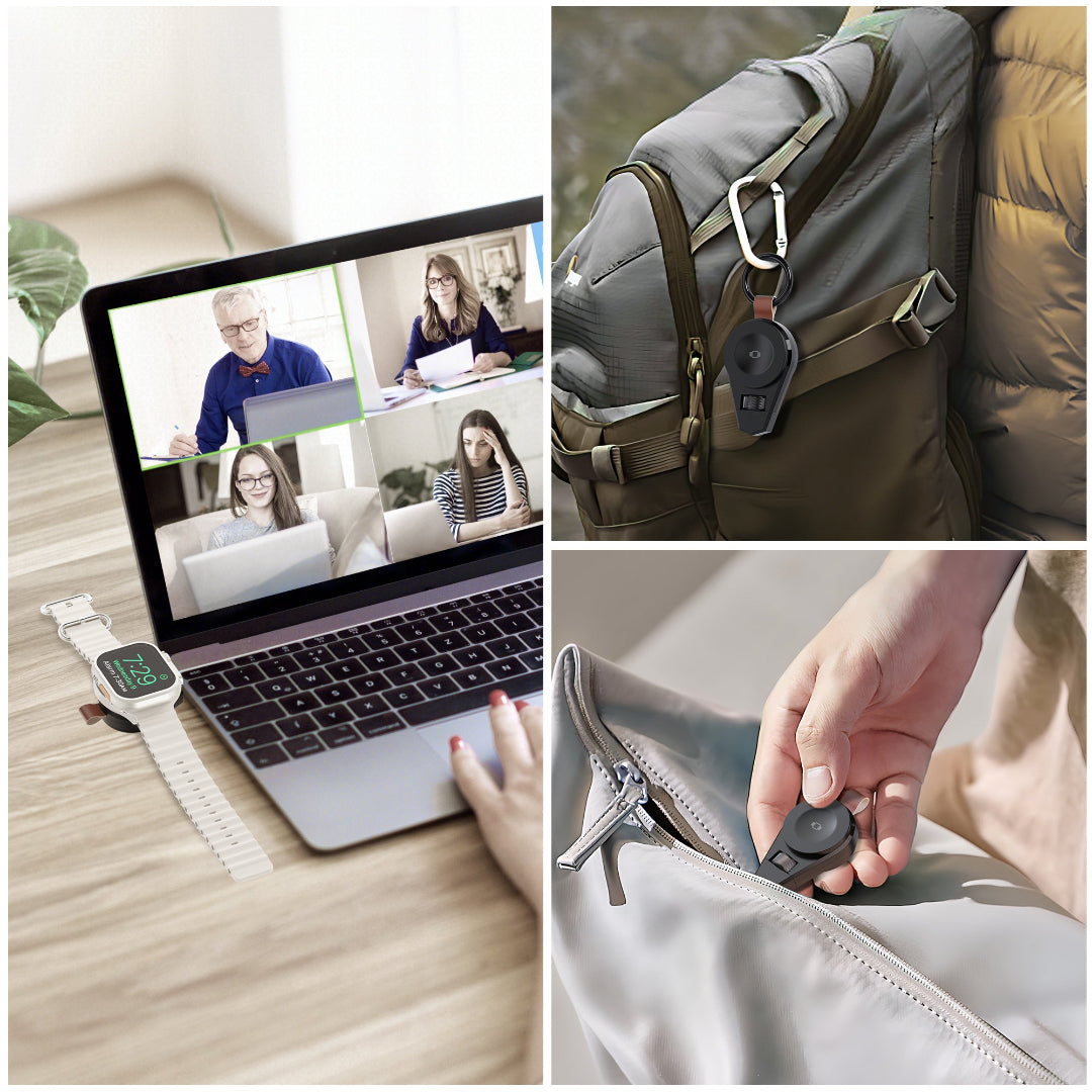 Collage of a laptop with a video call, a backpack with a device, and a hand zipping a bag.