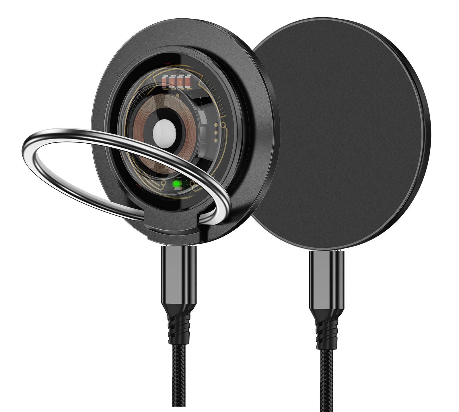 3-in-1 magnetic Ring Stand Wireless Charger charging a smartphone, smartwatch, and earbuds