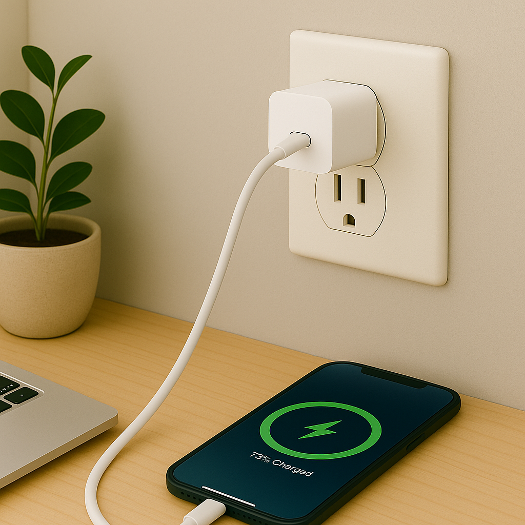 Phone charging with a 20W power adapter plugged into a wall socket on a wooden surface.
