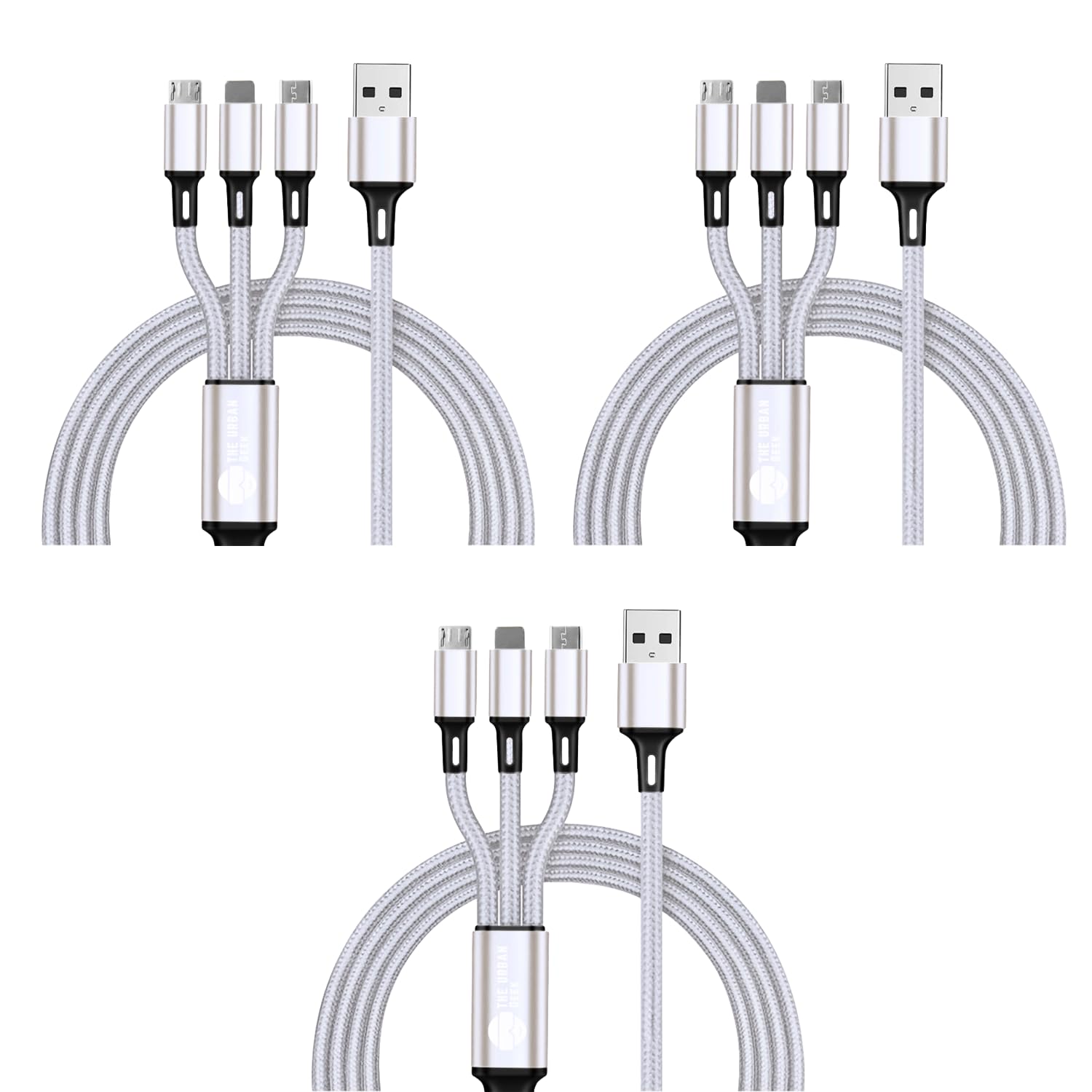 Link Trio 3-in-1 Charging Cable [3 Pack] - Silver - TheUrbanGeek