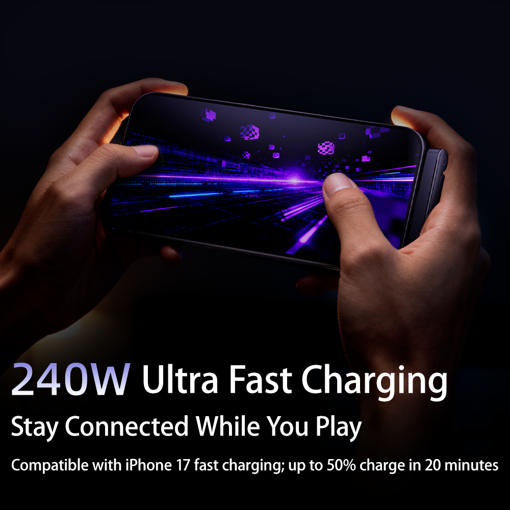 Person holding a smartphone with 240W USB-C Data Cable with Stand – Super Fast Charging & 40Gbps on a dark background