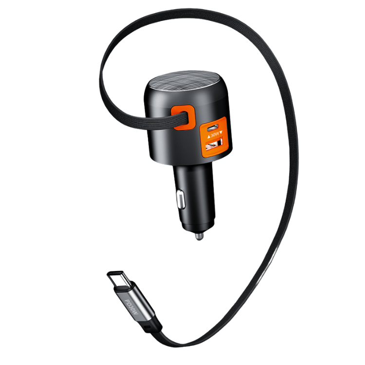 60W Fast Car Charger with Retractable Cable (USB - C + USB - A) - FlexDrive - TheUrbanGeek