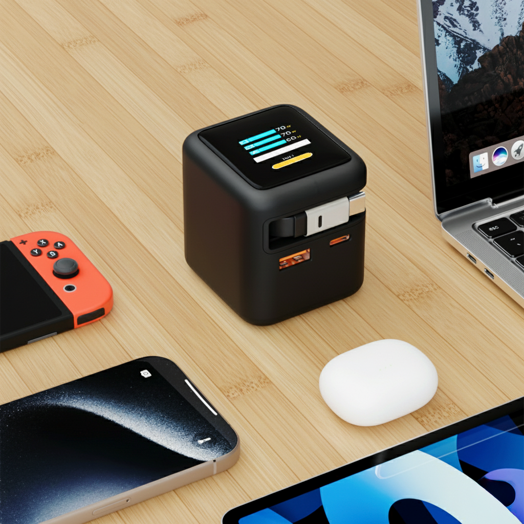 70W Retractable GaN USB-C Adapter Displayed on Bamboo Desk