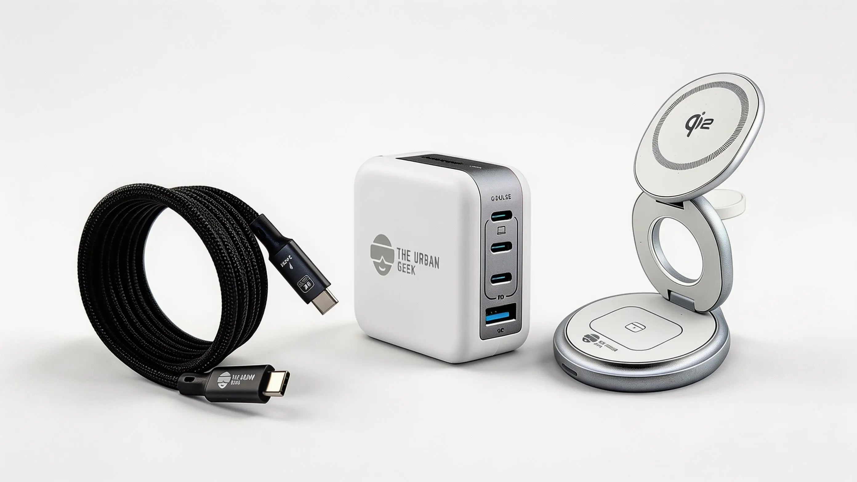 White FlexOrb Qi2 3-in-1 Swivel Charger, Black 240W, 8K Data Display and Fast Charge Cable, White Multiport GaN 100W Adapter