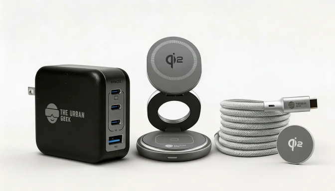 Gray FlexOrb Qi2 3-in-1 Swivel Charger, Silver 240W, 8K Data Display and Fast Charge Cable, White Multiport GaN 100W Adapter
