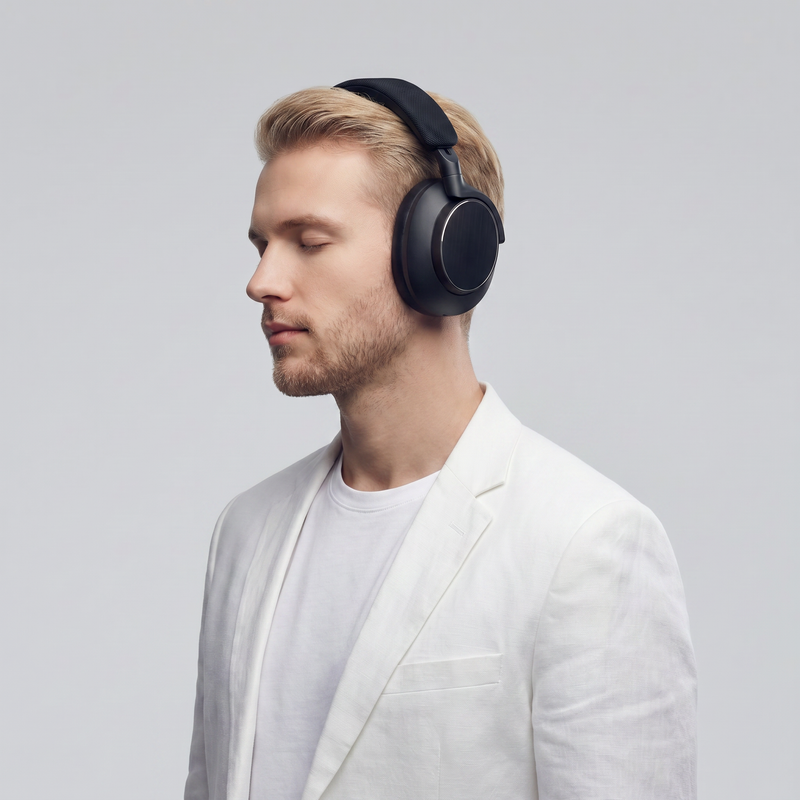 Man wearing black headphones against a light gray background