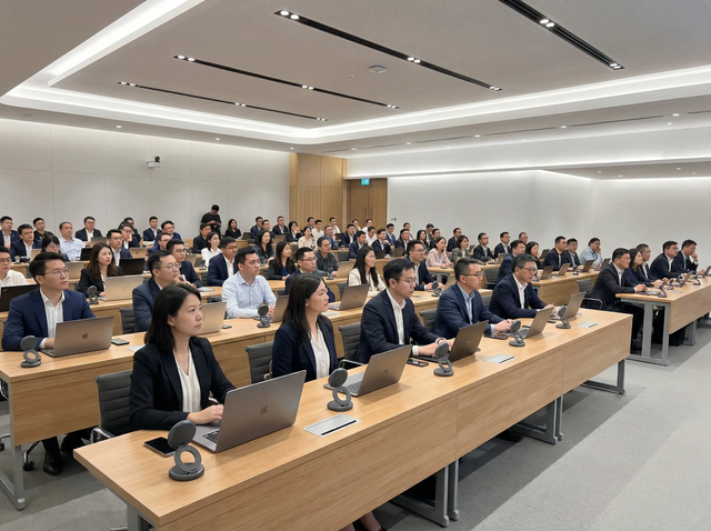 Group of people sitting at long tables with laptops and 3=in-1 swivel charger  in a conference room setting.