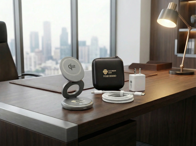 Gadgets on a desk with a cityscape view showing custom branding option