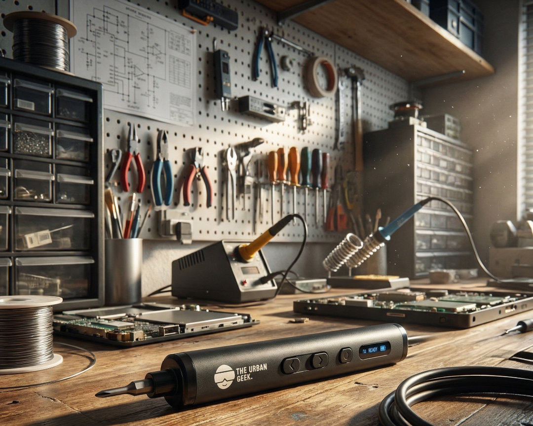 Workbench with tools showing the urban geek Fixmate 78 bit Electric Screwdriver on the bench