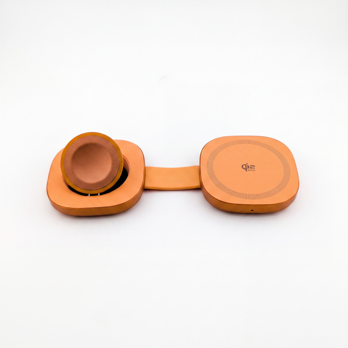 FlexMini Duo in Orange with Apple Watch charger at an angle
