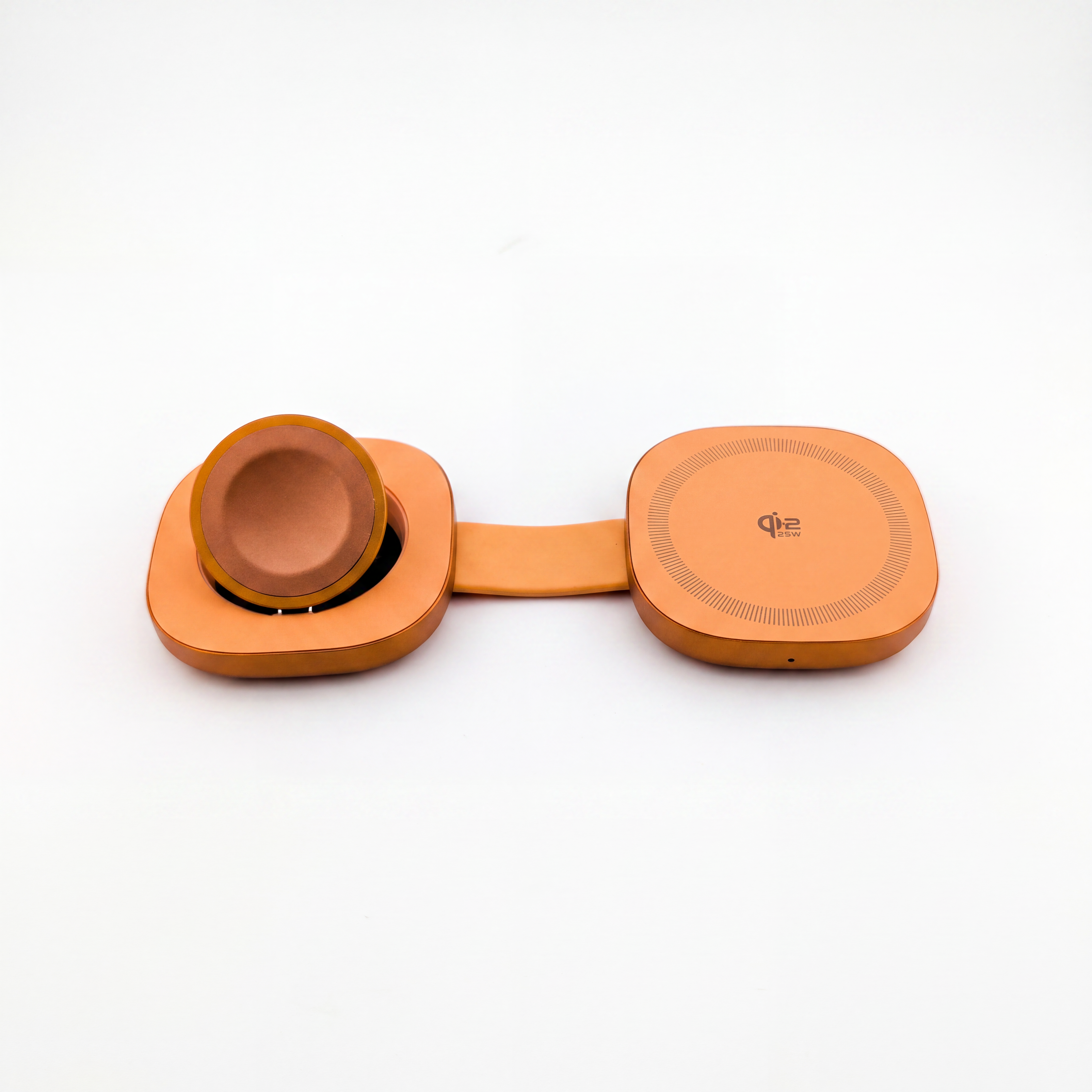 FlexMini Duo in Orange with Apple Watch charger at an angle