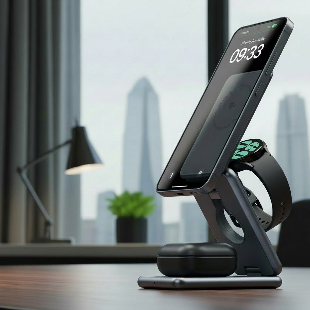 Multi-device charging stand with smartphone, smartwatch, and wireless charger on a desk with a cityscape background.
