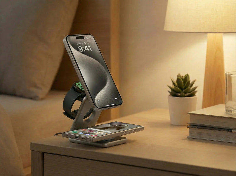 Smartphone, smartwatch, and smartphone on a charging stand on a nightstand with a lamp and plant in the background.